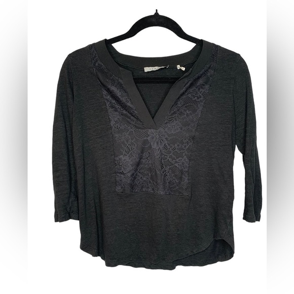 Sandro Paris Black Line Split V Neck 3/4 Sleeve Blouse Lace Applique Size 1 - Picture 3 of 13